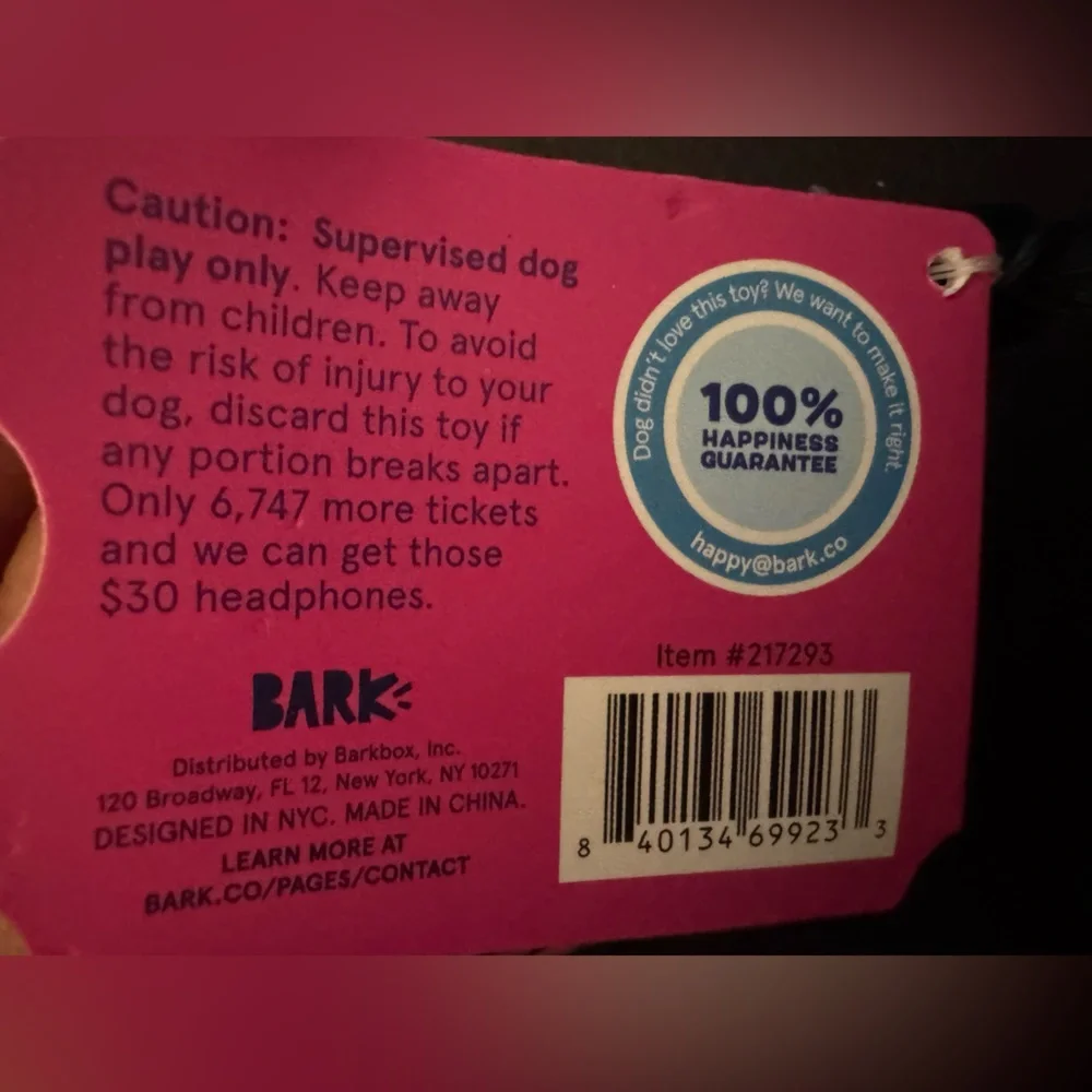 Barkbox SuperChewer L Dog Toy Barkcade Tickets solid nylon tough toy NEW PINK